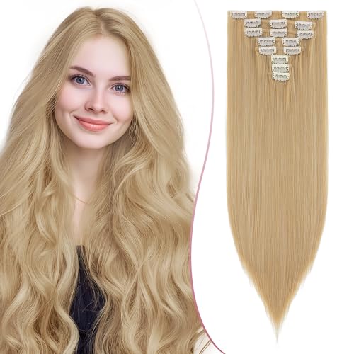 SEGO Pro 18 Zoll Dicke Highlight Haarteil 8PCS Lange Gerade Clip in Extensions Vollen Kopf 130g Kunstfaser Haarteile Für Frauen, Sandbraun bis Bleichblond von SEGO Pro
