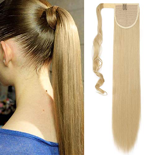 Pferdeschwanz Haarteil Zopf Clip in Ponytail Haarverlängerung Synthetik Haare Extension Hair Piece Wrap on für Frauen 58.5 cm Glatt-Golden Mix Bleichblond-1 von SEGO