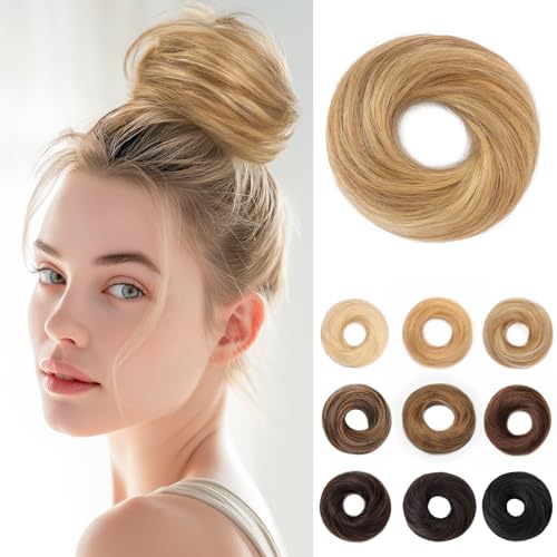 SEGOHAIR 17G Haarteile Echthaar Mit Gummiband Unordentlicher Dutt Donut Accessoire Gerades Haar Für Damen Dunkelleinen mit Platinblond Duttformer Echtes Remy Haar Hochsteckfrisuren Chignon von SEGOHAIR