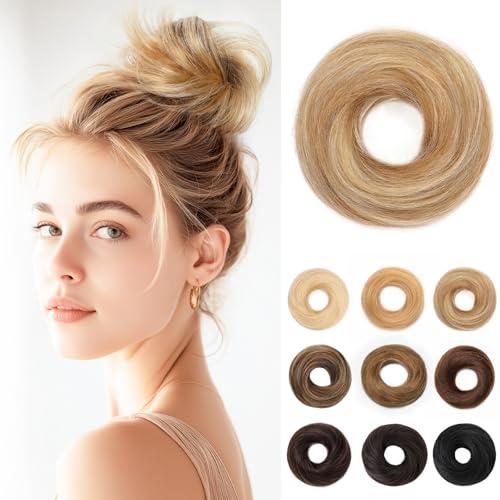SEGOHAIR 17G Haarteile Echthaar Mit Gummiband Unordentlicher Dutt Donut Accessoire Gerades Haar Für Damen Goldbraun mit Platinblond-Akzenten Duttformer Echtes Remy Haar Hochsteckfrisuren Chignon von SEGOHAIR