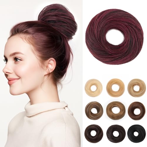 SEGOHAIR 17G Haarteile Echthaar Mit Gummiband Unordentlicher Dutt Donut Accessoire Gerades Haar Für Damen Tiefschwarz mit Weinrot Duttformer Echtes Remy Haar Hochsteckfrisuren Chignon von SEGOHAIR