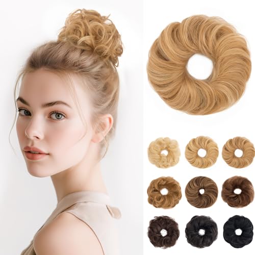SEGOHAIR 17G Haarteile Echthaar Mit Gummiband Unordentlicher Dutt Donut Accessoire Welligs Haar Für Damen Goldbraun mit Platinblond-Akzenten Duttformer Echtes Remy Haar Hochsteckfrisuren Chignon von SEGOHAIR