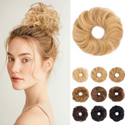 SEGOHAIR 17G Haarteile Echthaar Mit Gummiband Unordentlicher Dutt Donut Accessoire Welligs Haar Für Damen Hellblond mit Platinblond-Strähnen Duttformer Echtes Remy Haar Hochsteckfrisuren Chignon von SEGOHAIR