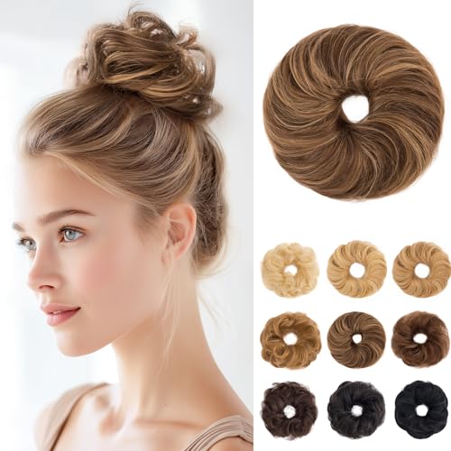 SEGOHAIR 17G Haarteile Echthaar Mit Gummiband Unordentlicher Dutt Donut Accessoire Welligs Haar Für Damen Mittelbraun mit Dunkelblond-Melierung Duttformer Echtes Remy Haar Hochsteckfrisuren Chignon von SEGOHAIR