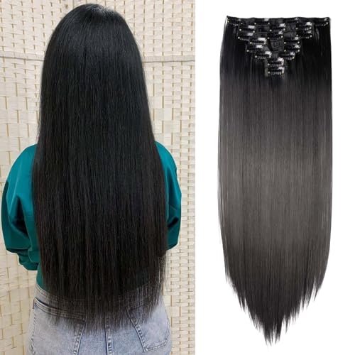 SEGOHAIR Clip In Extensions Haarverlängerung SET 8Pcs 18 Clips Voller Kopf Wie Echthaa Glatt - Synthetisches Haarteil Für Damen 23"(58cm) Dunkles Schwarz von SEGOHAIR