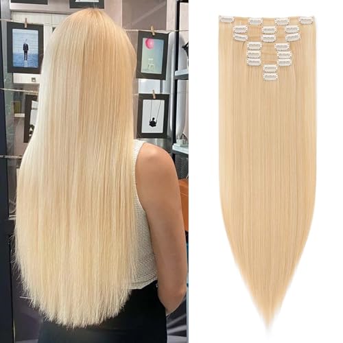 SEGOHAIR Clip In Extensions Haarverlängerung SET 8Pcs 18 Clips Voller Kopf Wie Echthaa Glatt - Synthetisches Haarteil Für Damen 23"(58cm) Goldene Mischung Bleach Blonde von SEGOHAIR