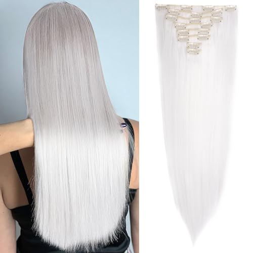 SEGOHAIR Clip In Extensions Haarverlängerung SET 8Pcs 18 Clips Voller Kopf Wie Echthaa Glatt - Synthetisches Haarteil Für Damen 23"(58cm) Weiß von SEGOHAIR