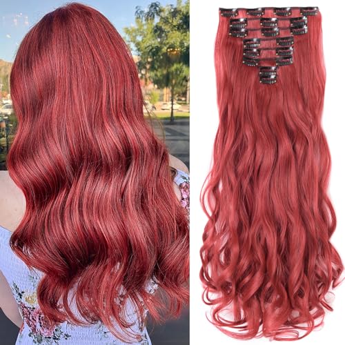 SEGOHAIR Clip In Extensions Haarverlängerung SET 8Pcs 18 Clips Voller Kopf Wie Echthaa Glatt - Synthetisches Haarteil Für Damen 24"(60cm) Rot von SEGOHAIR