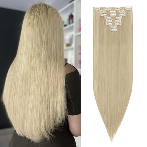 SEGOHAIR Clip In Extensions Haarverlängerung SET 8Pcs 18 Clips Voller Kopf Wie Echthaa Glatt - Synthetisches Haarteil Für Damen 26"(66cm) Aschblond-Mischung Bleichblond von SEGOHAIR