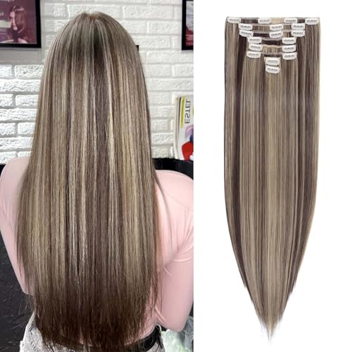 SEGOHAIR Clip In Extensions Haarverlängerung SET 8Pcs 18 Clips Voller Kopf Wie Echthaa Glatt - Synthetisches Haarteil Für Damen 26"(66cm) Dunkelbraune Mischung Aschblond von SEGOHAIR