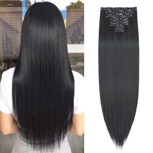SEGOHAIR Clip In Extensions Haarverlängerung SET 8Pcs 18 Clips Voller Kopf Wie Echthaa Glatt - Synthetisches Haarteil Für Damen 26"(66cm) Dunkles Schwarz von SEGOHAIR