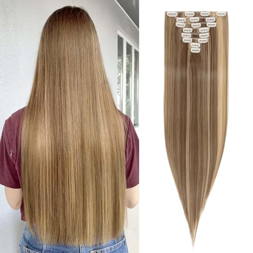 SEGOHAIR Clip In Extensions Haarverlängerung SET 8Pcs 18 Clips Voller Kopf Wie Echthaa Glatt - Synthetisches Haarteil Für Damen 26"(66cm) Goldbraune Mischung Dunkelblond von SEGOHAIR