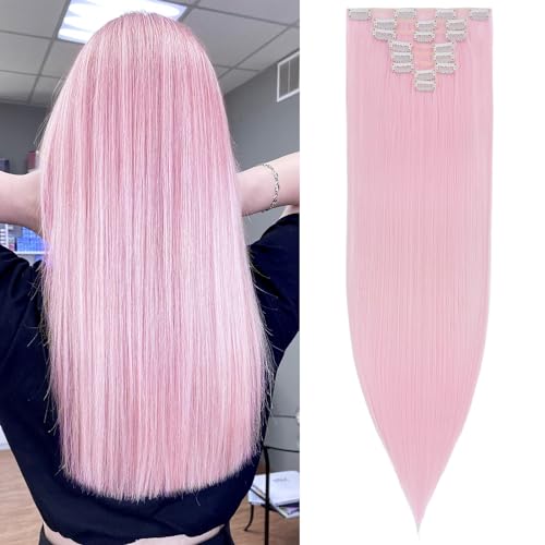 SEGOHAIR Clip In Extensions Haarverlängerung SET 8Pcs 18 Clips Voller Kopf Wie Echthaa Glatt - Synthetisches Haarteil Für Damen 26"(66cm) Hell-Pink von SEGOHAIR