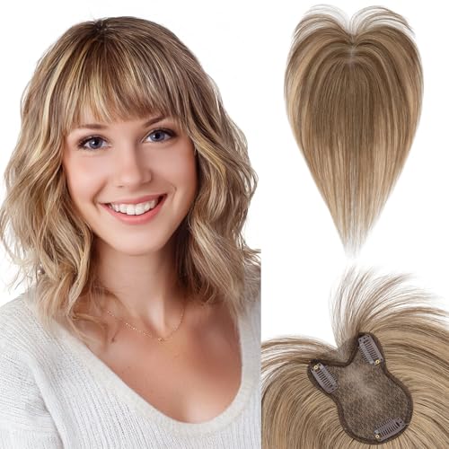 SEGOHAIR Echthaar Hair Topper für Frauen- 21g Handgebunden Basis Haar Topper Spitze Basis, Pony Haarteil aus 100% Echtes Haar Clip in Topper, Atmungsaktives Tüllnetz Mittelbraun/Dunkelblond von SEGOHAIR