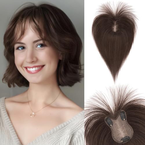 SEGOHAIR Echthaar Hair Topper für Frauen- 21g Handgebunden Basis Haar Topper Spitze Basis, Pony Haarteil aus 100% Echtes Haar Clip in Topper, Atmungsaktives Tüllnetz Mokkabraun von SEGOHAIR