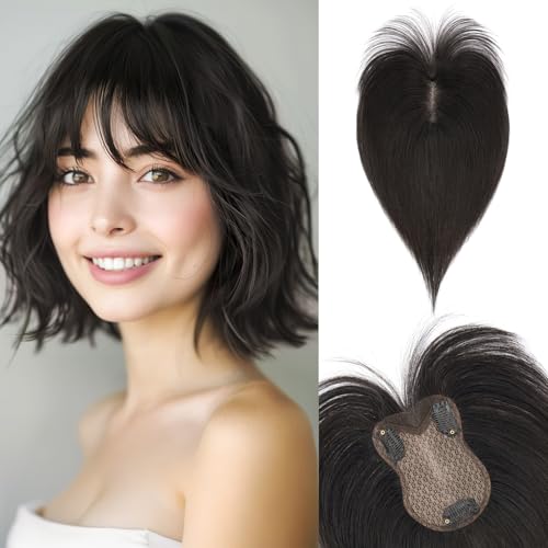 SEGOHAIR Echthaar Hair Topper für Frauen- 21g Handgebunden Basis Haar Topper Spitze Basis, Pony Haarteil aus 100% Echtes Haar Clip in Topper, Atmungsaktives Tüllnetz Natürliche Farbe von SEGOHAIR