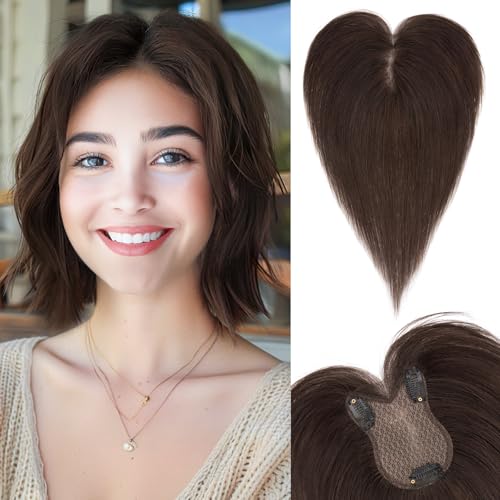 SEGOHAIR Echthaar Hair Topper für Frauen mit Seitenpony - 21g Handgebunden Basis Haar Topper Atmungsaktives Tüllnetz Spitze Basis 100% Echtes Haar Clip in Topper Mokkabraun von SEGOHAIR