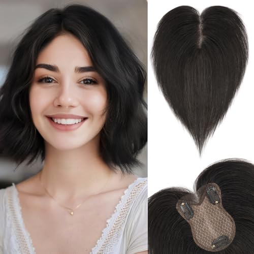 SEGOHAIR Echthaar Hair Topper für Frauen mit Seitenpony - 21g Handgebunden Basis Haar Topper Atmungsaktives Tüllnetz Spitze Basis 100% Echtes Haar Clip in Topper Natürliche Farbe von SEGOHAIR