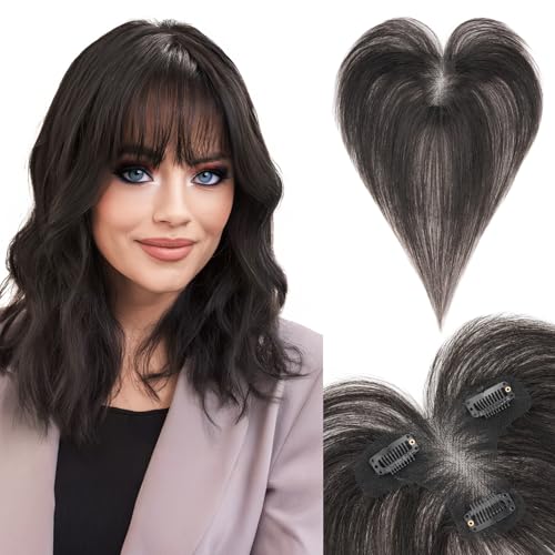 SEGOHAIR Echthaar Hair Topper für Frauen mit Wispy Pony - Natürliche Farbe Toppers 100% Echtes Haar Clip in Topper Menschliches Haar Top Hat T Spitze Basis für mit Dünnem 13 Gramm von SEGOHAIR