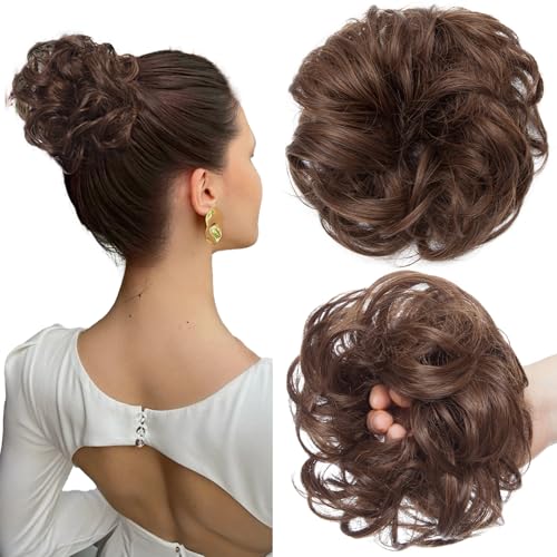 SEGOHAIR Haarteil Mit Gummiband,VOLUMINÖS Unordentlicher Dutt Scrunchie Haargummi Mit Haaren, Brautfrisuren Messy Bun Dutt Haarteil Für Damen Mädchen Dunkelbraun mit Heller Kastanie 25g von SEGOHAIR