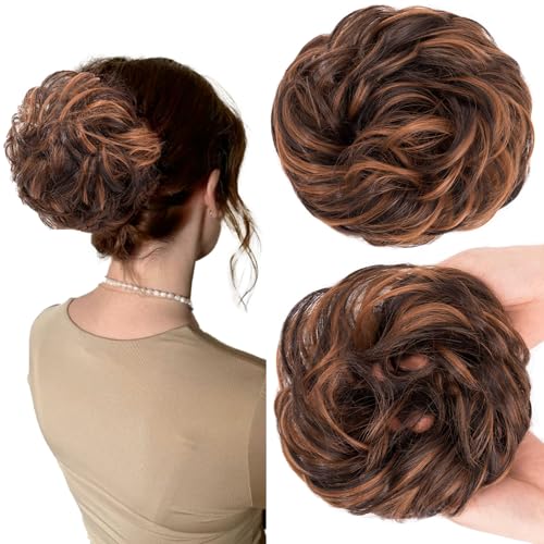 SEGOHAIR Haarteil Mit Gummiband,VOLUMINÖS Unordentlicher Dutt Scrunchie Haargummi Mit Haaren, Brautfrisuren Messy Bun Dutt Haarteil Für Damen Mädchen Dunkelbraun & Helle Kastanie 25g von SEGOHAIR