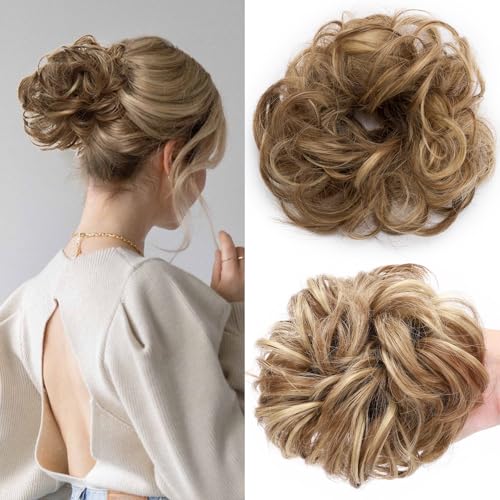 SEGOHAIR Haarteil Mit Gummiband,VOLUMINÖS Unordentlicher Dutt Scrunchie Haargummi Mit Haaren, Brautfrisuren Messy Bun Dutt Haarteil Für Damen Mädchen Hellbraun bis Aschblond 25g von SEGOHAIR