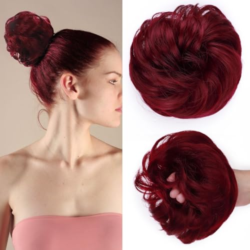 SEGOHAIR Haarteil Mit Gummiband,Verdickung VOLUMINÖS Unordentlicher Dutt Scrunchie Haargummi Mit Haaren, Brautfrisuren Messy Bun Dutt Haarteil Für Damen Mädchen Burgunderrot 35g von SEGOHAIR