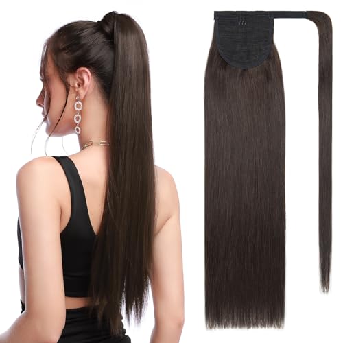 SEGOHAIR Pferdeschwanz Haarteil Echthaar Extensions Zopf Dunkelstes Braun 55cm Wrap Around Ponytail für Frauen Glattes Remy Clip in Extensions Echthaar Lang Glatt 95g von SEGOHAIR