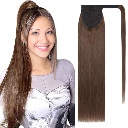 SEGOHAIR Pferdeschwanz Haarteil Echthaar Extensions Zopf Dunkles Schokoladenbraun 45cm Wrap Around Ponytail für Frauen Glattes Remy Clip in Extensions Echthaar Lang Glatt 90g von SEGOHAIR