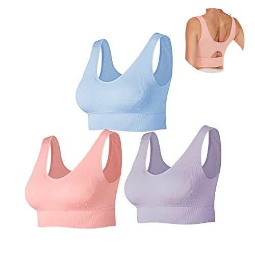 SEGRILA Damen Sport BH Set Gerippter Ohne Bügel Yoga Bustier Gepolsterter Fitness Training (Rosa,Lila,Brau, S) von SEGRILA