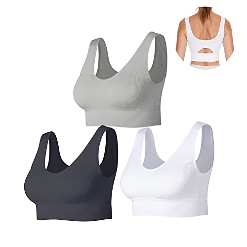 SEGRILA Damen Sport BH Set Gerippter Ohne Bügel Yoga Bustier Gepolsterter Fitness Training (Schwarz,Weiß,Grau, L) von SEGRILA