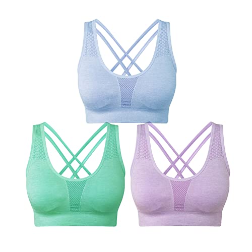 SEGRILA Damen Sport BH Set Ohne Bügel Kreuz Rücken Yoga Bustier Gepolsterter (Blau,Lila,Grün L) von SEGRILA