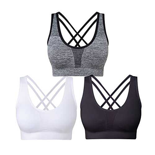 SEGRILA Damen Sport BH Set Ohne Bügel Kreuz Rücken Yoga Bustier Gepolsterter (Schwarz,Weiß,Grau L) von SEGRILA