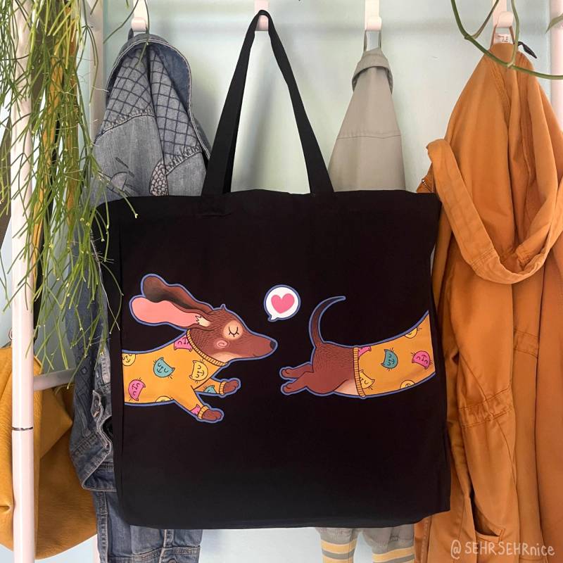 Große Canvas Tragetasche Mit Dackel Motiv - Stabile Einkaufstasche Schwarz, Hundetasche Lustig & Originell von SEHRSEHRnice