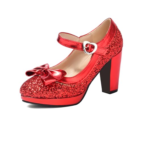 SEIFIN Damen Pailletten Glitzer Mary Jane Schuhe Glanz Sparkly Vintage Chunky High Block Heel Frauen Pumps mit Schleife und Knöchelriemen Rockabilly Cosplay Kawaii Ehe Mary Jane Kleid Pumps, Rot von SEIFIN