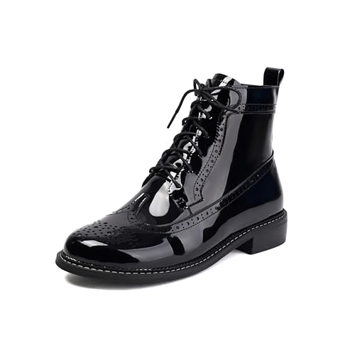 SEIFIN Damen Wingtip Oxford Boot Combat Boots Side Zip Ankle Motorcycle Boots Dressy Lace Up Wingtip Brogue Short Booties, Lackleder, Schwarz, 39.5 EU von SEIFIN