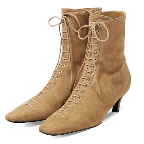 SEIFIN Stiefel mit Kätzchen-Absatz für Damen, Wildleder, Schnürstiefeletten, quadratischer Zehenbereich, niedriger Absatz, kurze Stiefel, bequem, weich, seitlicher Reißverschluss, elegante Herbst von SEIFIN