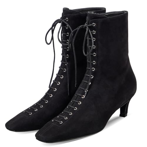 SEIFIN Stiefel mit Kätzchen-Absatz für Damen, Wildleder, Schnürstiefeletten, quadratischer Zehenbereich, niedriger Absatz, kurze Stiefel, bequem, weich, seitlicher Reißverschluss, elegante Herbst von SEIFIN