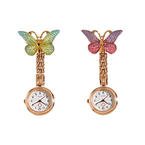 SEIWEI Krankenschwester Taschenuhr, Krankenschwester Arzt Brosche Schmetterlings Armbanduhr, Anstecknadel für Aufsteckbare, Tragbare Taschenuhr zum Aufhängen für Männer und Frauen(Fuchsie+Türkis) von SEIWEI