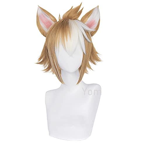 Gorou Cosplay Perücke Spiel Genshin Wirkung Kurzbraun White Perücke mit Ohren Synthetische Haar Hitzebeständige Halloween Rollenspiele von SEIZIS