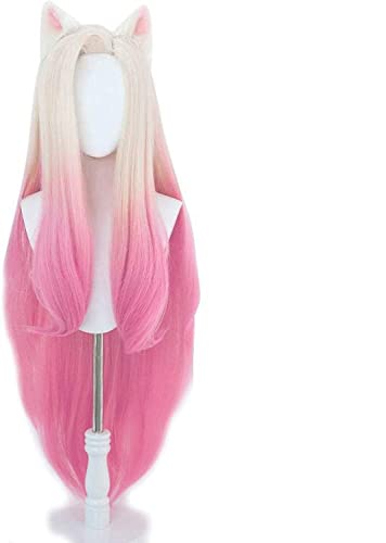 KDA Baddest Ahri Cosplay Perücken KDA Cosplay Blonde Mixed Pink Wigs with Ears Heat Resistant Synthetic Hair Game Cos Cosplay Anime Wig Coser (Size: 1) von SEIZIS