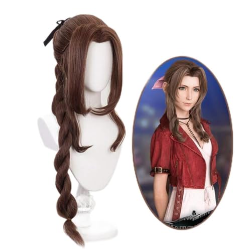 SEIZIS 2022 Cos Wig Spiel Final Fantasy VII Aerith Gainsborough Perücke Cosplay Mädchen Perücke 100Cm Zopf Frauen Lockiges Haar Wellige Pony Perücke von SEIZIS