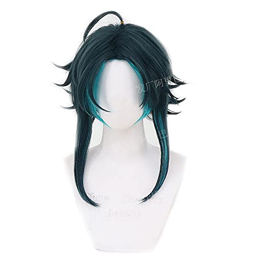 WHBHD Game Genshin Wirkung Xiao Cosplay Perücke Mischt Dunkel Grün Blau Kurz Hitzebeständigkeit Synthetische Haare Erwachsene Halloween Rollenspielperücken von SEIZIS