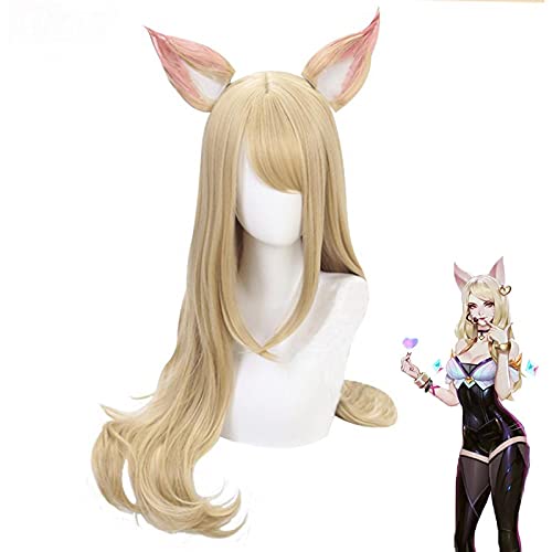WHBHD LOL Spiel Ahri Perücke mit Ohren Kda. Ahri Cosplay Perücke Frauen Lange gerade Blondine Hitzebeständige Haarperücken + Perücke Kappe von SEIZIS