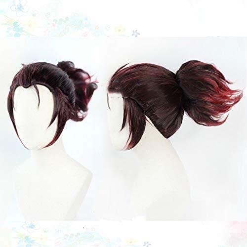 Wig Anime Cosplay Anime Demon Slayer Kimetsu No Yaiba Tanjirou Kamado Cosplay Perücken Kostüm Weinrotes Haar mit Pferdeschwanz + kostenlose Perückenkappe kurz mit Ponytai von SEIZIS