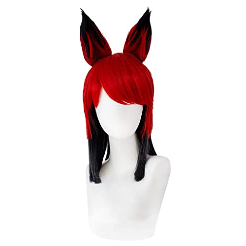 Wig Anime Cosplay Anime-Perücke Hazbin Hotel Cosplay Alastor-Perücke, mit Ohren, kurze schwarze rote Perücke, Kostüm-Halloween-Perücke, for Halloween, Kostümparty, Anime-Show, Cosplay-Event, Konzerte von SEIZIS