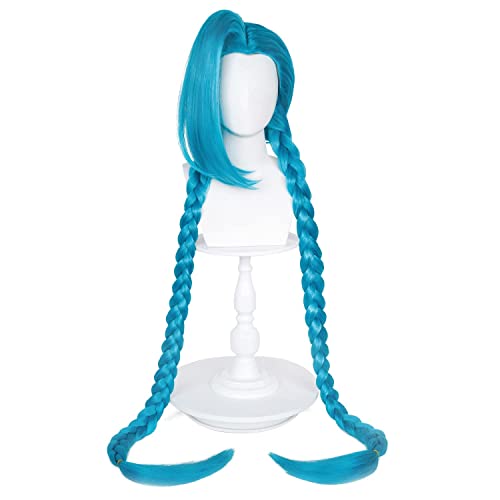 Wig Anime Cosplay Jinx Cosplay Wig LOL Cosplay Jinx Wig Blue, Powder Arkane Wig Loose Cannon Braid with Blue Braids with Free Wig Cap von SEIZIS