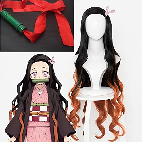 Wig Anime Cosplay Kamado Nezuko Cosplay Perücke Hitzebeständige Kunsthaarperücken + Perückenkappe + Bambusrequisiten Versiegelungsstift Perücke und Stift 2 (Color : Wig and Stick 1) von SEIZIS