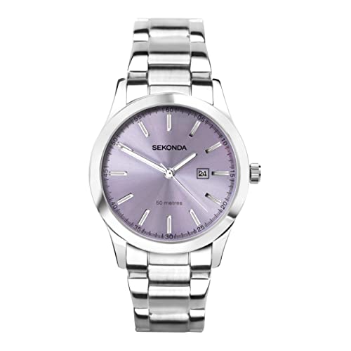SEKONDA Taylor Ladies 34mm Quartz Watch in Lilac with Analogue Date Display, and Silver Stainless Steel Strap 40400 von SEKONDA