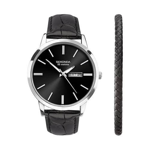 Sekonda Classic Jackson Geschenkset Herren 40 mm Quarzuhr in Schwarz mit analoger Tages-/Datumsanzeige und schwarzem Lederarmband von SEKONDA